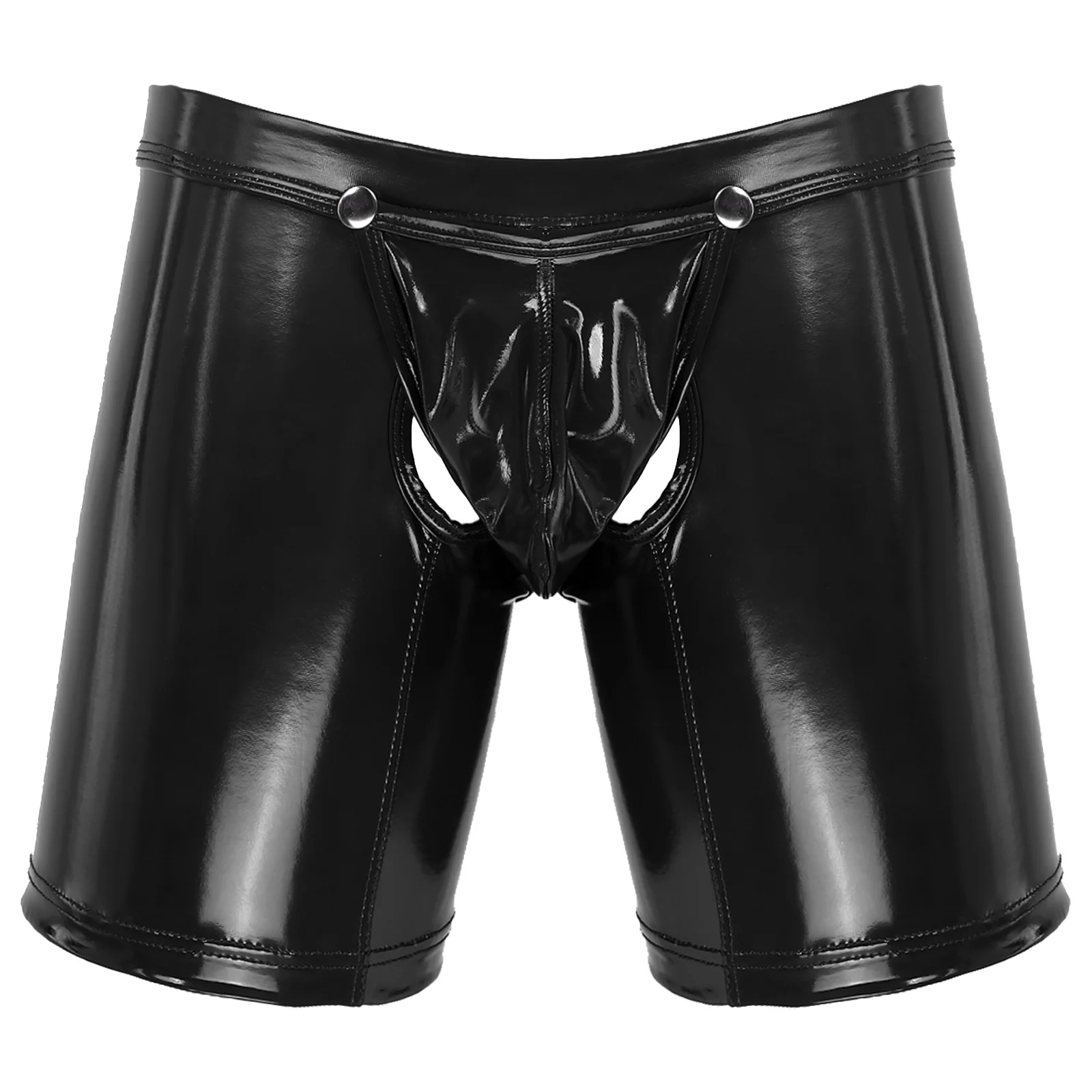 Men Underwear Shiny Metallic Latex Lingerie Erotic Open Butt Boxer Shorts Removable Bulge Pouch Shorts Underpant Boxer Underwear