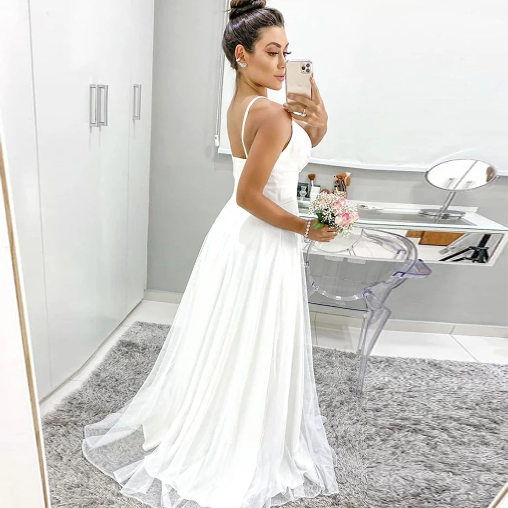 Sexy branco espaguete correias vestido de casamento 2022 bohemia v-neck varredura trem a linha vestidos de noiva com pregas de novia