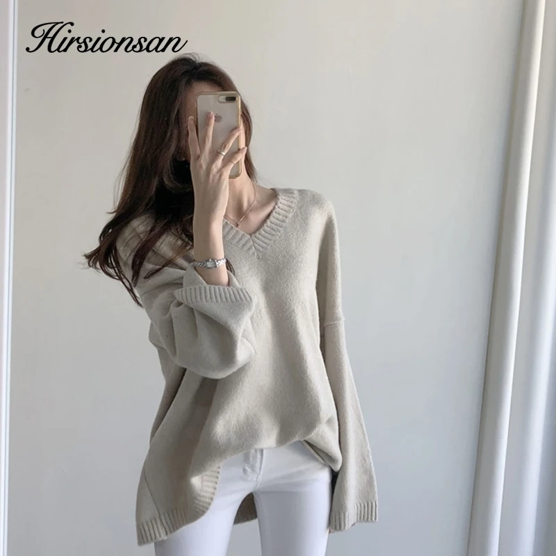 Hirsionsan V Neck Cashmere Sweater Women 2023 Autumn New Elegant Knitted Casual Pullovers Loose Soft Female Jumper Lazy Oaf