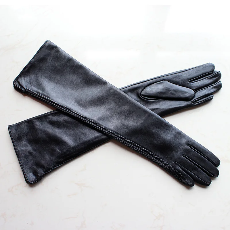 50cm Long Sheepskin Leather Gloves Women\'s Thin Velvet Lining Autumn and Winter Warm Black Finger Gloves Free Shipping