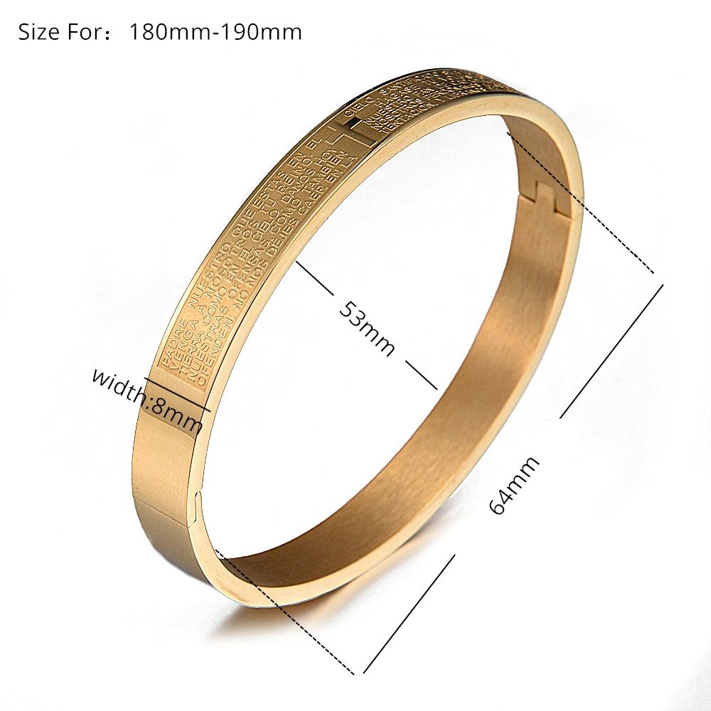 2020 New Luxury Cuff Cross Bracelet Bangle Stainless Steel Open Bracelet Carving Spanish Scripture For Men Women Jewelry