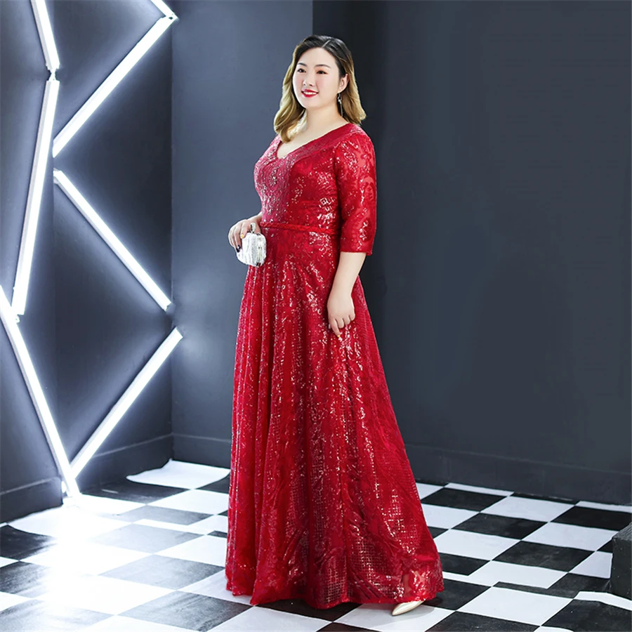 Sequins Evening Dress Burgundy Plus Size Women Party Dresses 2019 T255 V-neck Robe De Soiree Three Quarter Sleeve Evening Gowns