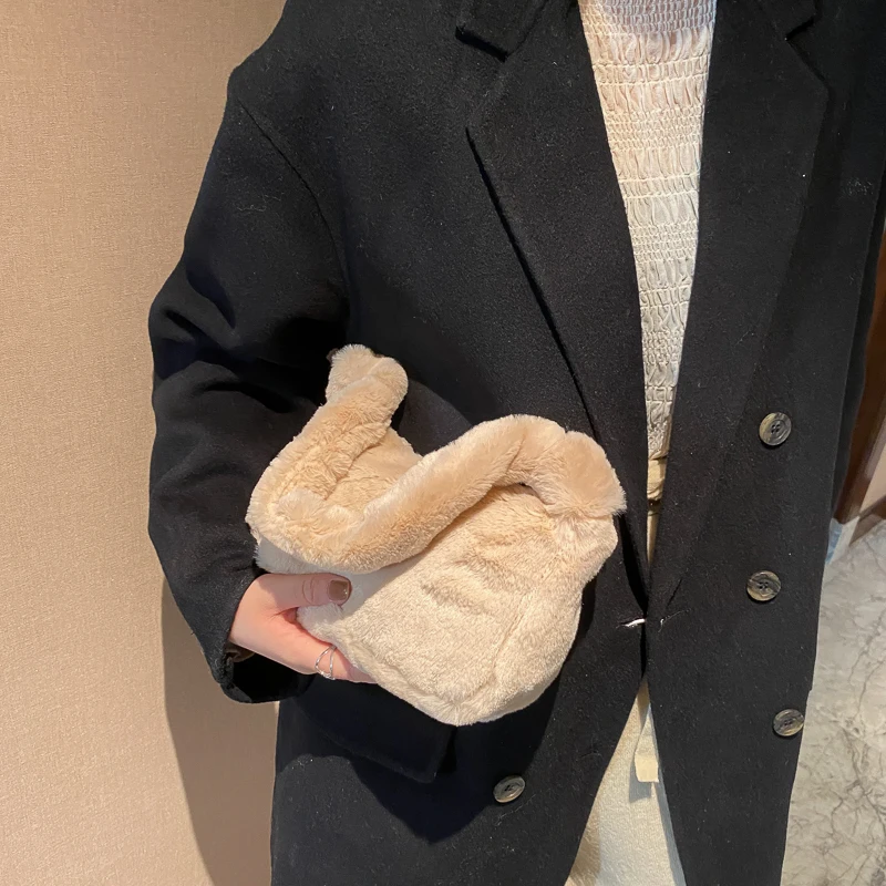 Winter Faux Fur Bags Women Plush Underarm Shoulder Solid Zipper Chic Soft Tender Furry Handbag All Match Female Stylish Ulzzang