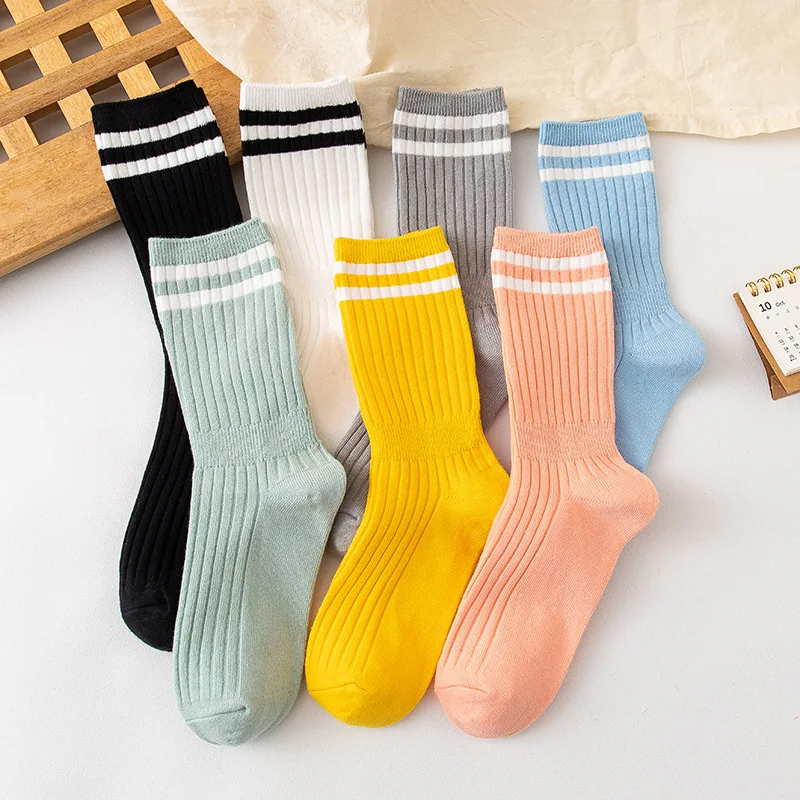 

Socks Women Harajuku Striped Cotton Long Middle Tube Pile Socks Street College Style Kawaii Short Sox Calcetines Mujer Girl Gift