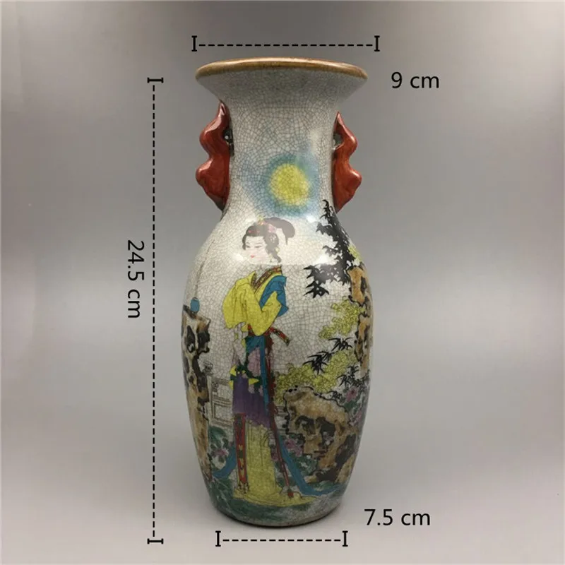 Chinese Old Porcelain Crack Glazed Mink Cicada Worship Moon Painting Double Ear Vase