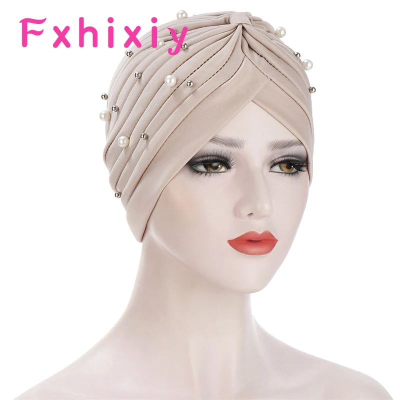 

Luxury Pearls Elastic Turban Hat Women Muslim Islamic Beads Stretch Muslim Headwrap for Cancer Chemotherapy Accessories