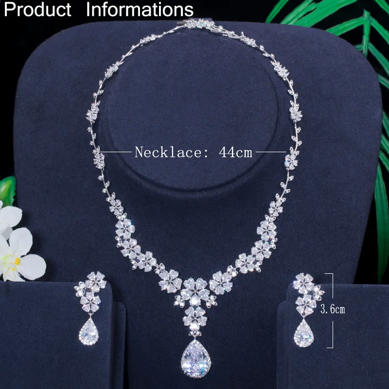 CWWZircons 2023 New Fashion Bridal Flower Necklace and Earrings Cubic Zirconia Women Wedding Jewelry Sets for Brides T108