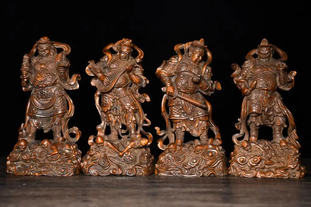 

7"Tibetan Temple Collection Old Boxwood Four Heavenly Kings Statue Four Diamond Holding country Growth Wide eye Smell statue