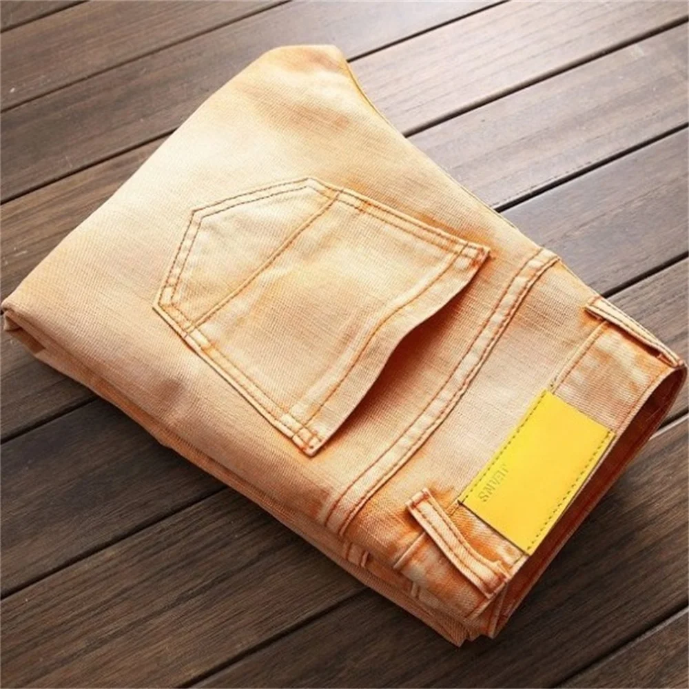 EH·MD® Pleated Hole Patch Jeans Men's Yellow Cotton Soft Small Straight High Street Personalized Slim Pants Motorcycle 2020 New