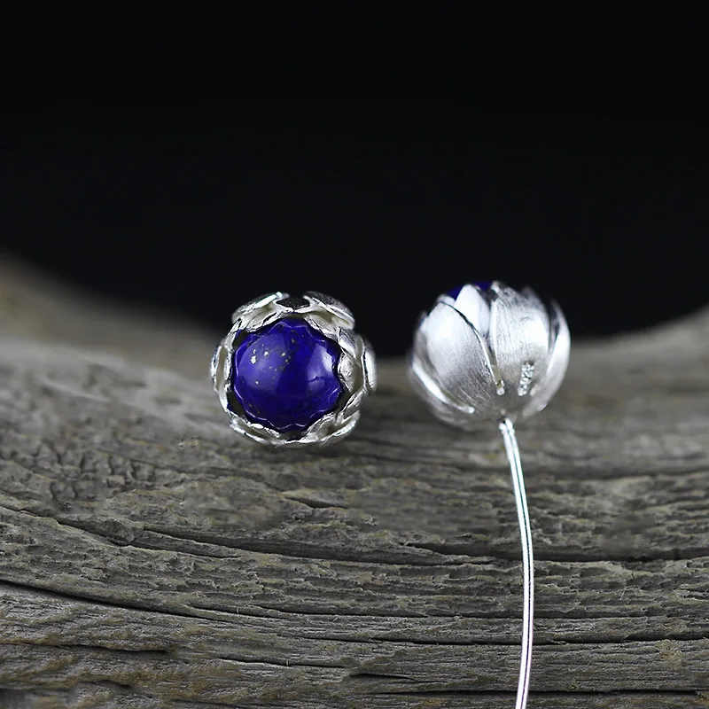 BOCAI  Trend Real S925 Silver Jewelry Hand Ladies Lotus Lapis Lazuli Earrings Fashion and Personality Lotus Bezel Setting