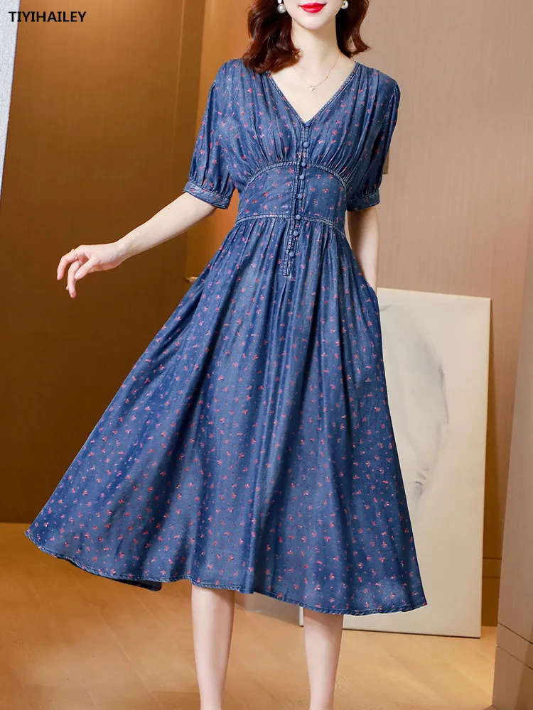 

TIYIHAILEY 2022 New Free Shipping Vintage Women Long Mid-Calf Summer Denim M-XL Short Sleeve Dress V-Neck High Waist Print