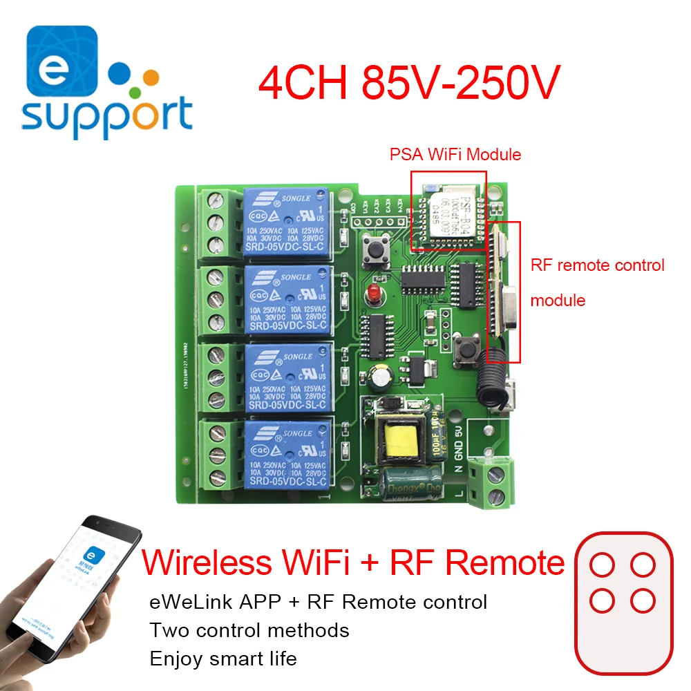 eWeLink Smart Remote Control Wifi Wireless Switch Module 4CH 12V 24V 220V 75V-250V Inching Self-locking RF Receive 10A Relays