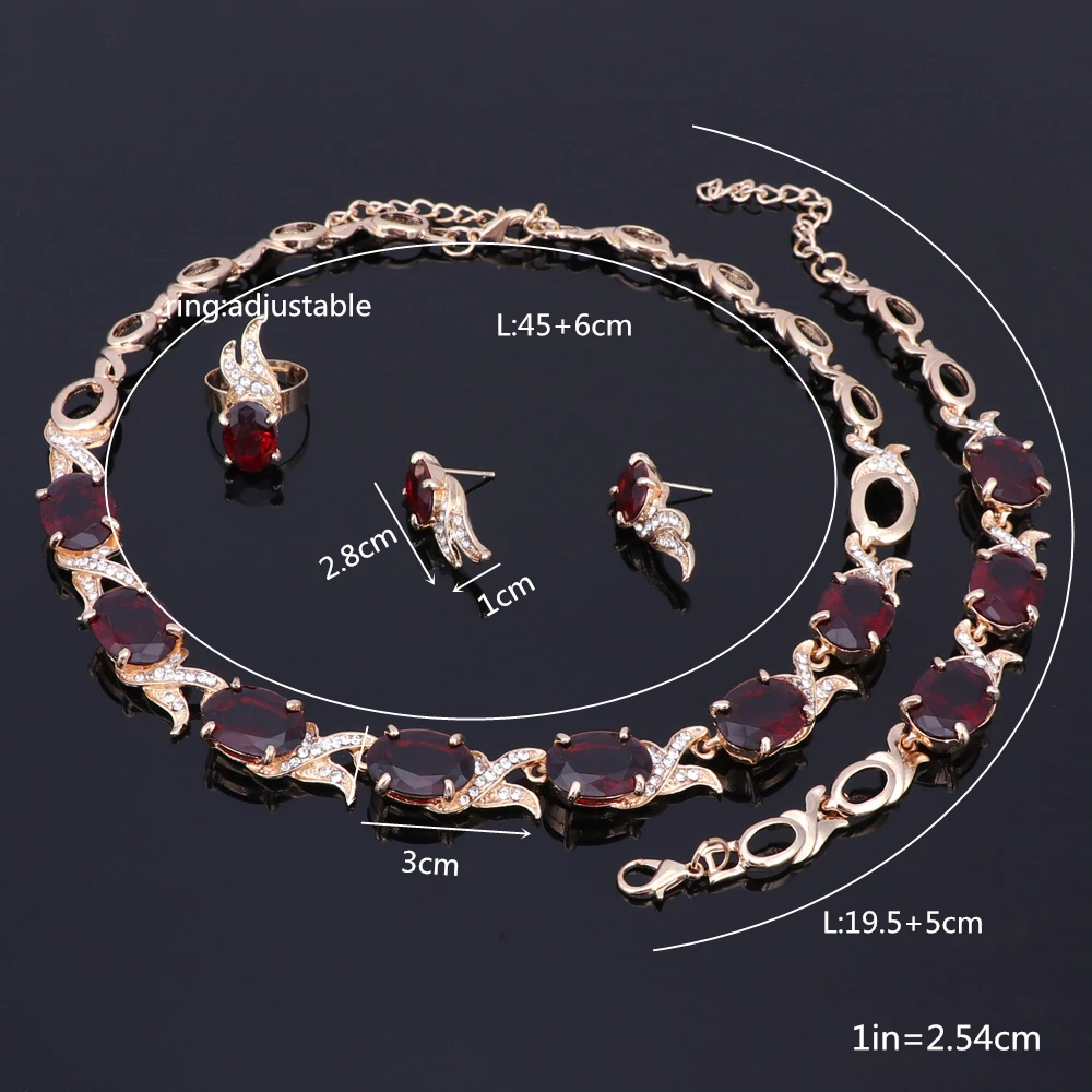 Wedding Gold Color Purple Zircon Crystal Trendy Necklace Jewelry Sets Party Women Bridal Bracelet Earrings Ring Accessories Set