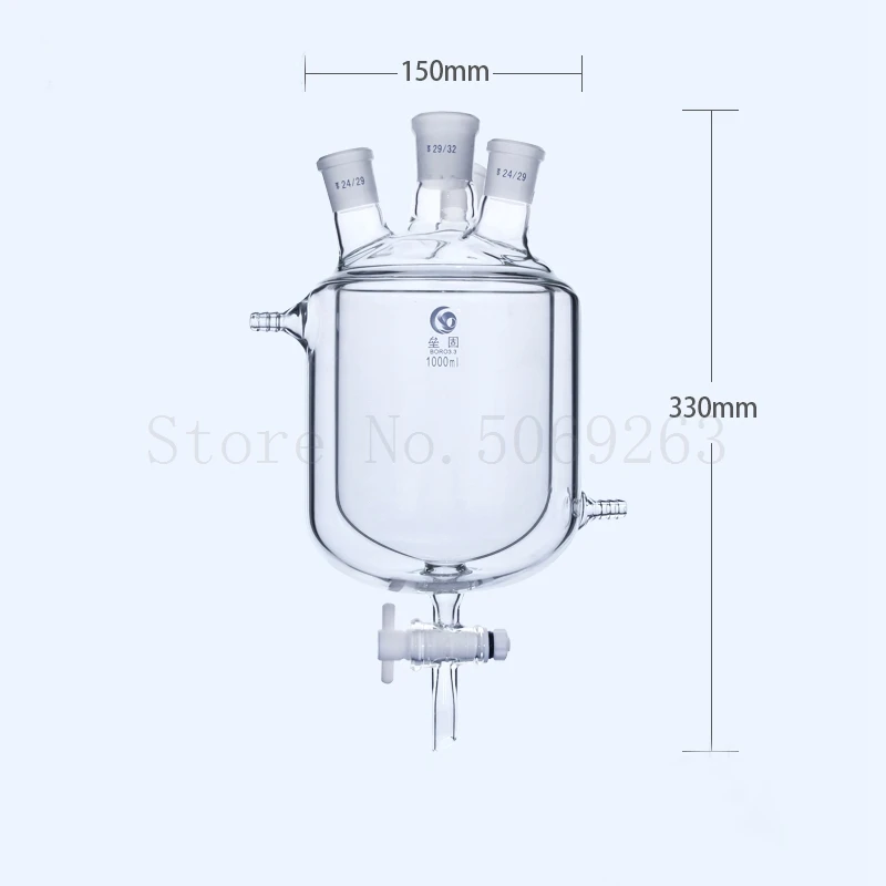 Laboratório de quatro boca Borosilica vidro revestido reação garrafa, PTFE esvaziamento válvula, de dois andares frasco