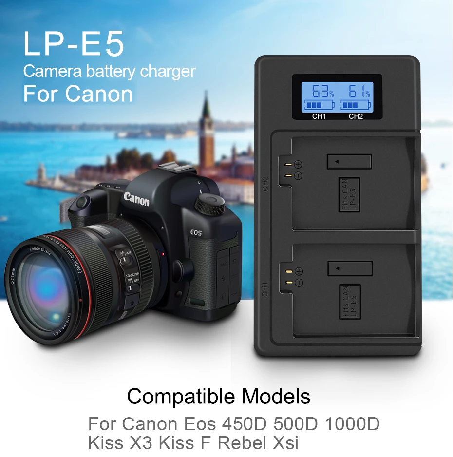 PALO LP-E5 LPE5 LP E5 Battery Charger LCD USB Dual Charger for Canon EOS 1000D, EOS 450D, EOS 500D EOS Rebel XS 18-55IS kit