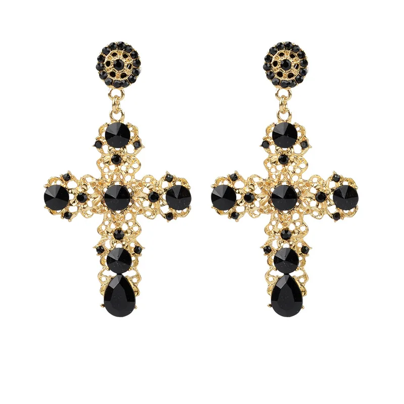 Baroque Luxury Gold color Crystals big Cross Drop Earring Pearl Flowers metal hollow long Earring Multicolor Large Hot Design