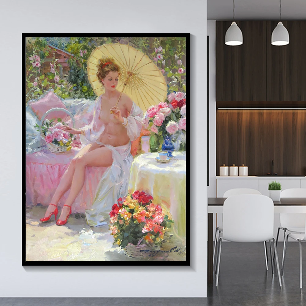 Citon Canvas Oil painting Konstantin Razumov《Nude lady holding umbrella》Art Poster Picture Modern Wall decor Home Decoration