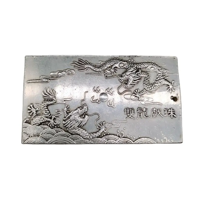 Chinese Old Tibetan Silver Relief Double Dragon Play Ball Pattern Waist Card Amulet Pendant Feng Shui Lucky Card Pendant