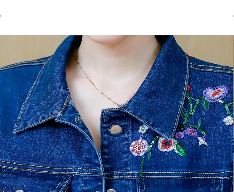 UHYTGF 2023 Denim Jacket Women Flower Embroidery Short Jeans Coat Womens Fashion Cotton Autumn Clothing Single breasted Coats