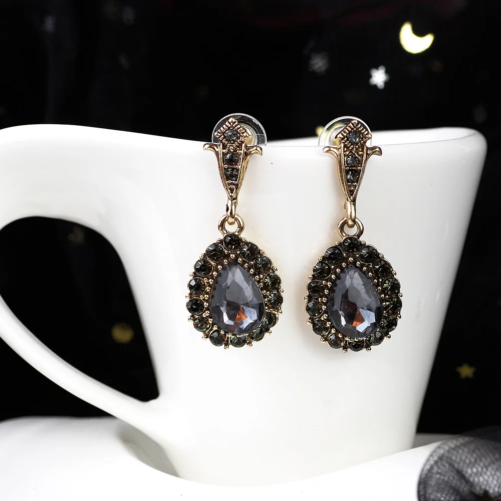 Sunspicems 2021 Bohemia Women Earring Small Full Grey Crystal Antique Gold Color Turkish Vintage Party Bridal Jewelry Gift