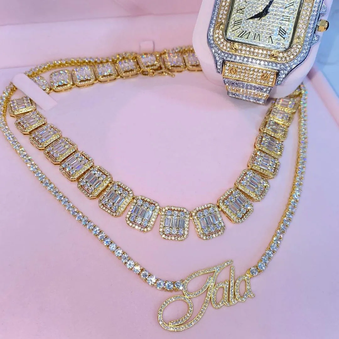 TBTK Cursive Letter Custom Name Necklace Welding Tennis Chain Cubic Zirconia Gold Silver Color Necklace Fashion Hiphop Jewelry