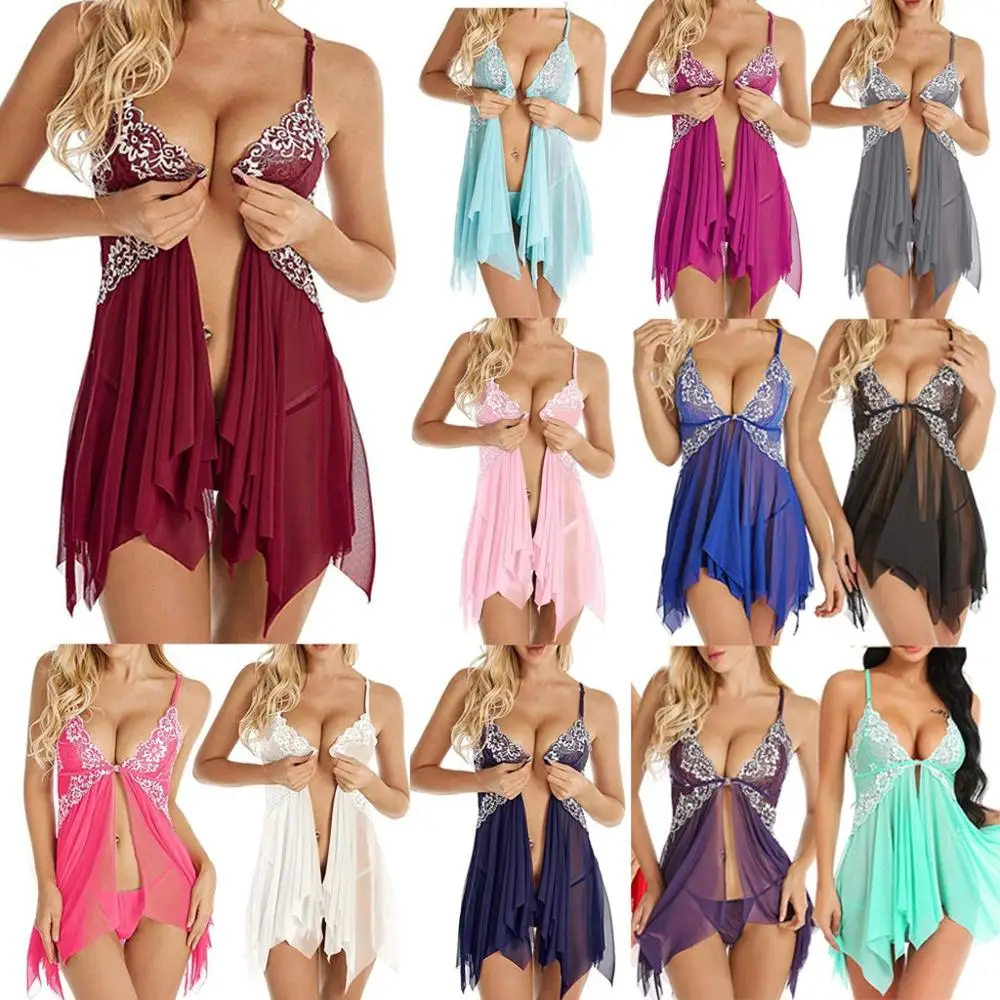 Women Sexy Lingerie Underwear Erotic Dress See-through Lace Pajamas Sleepwear Nightdress + Thong Sexy Costumes Sex Dress