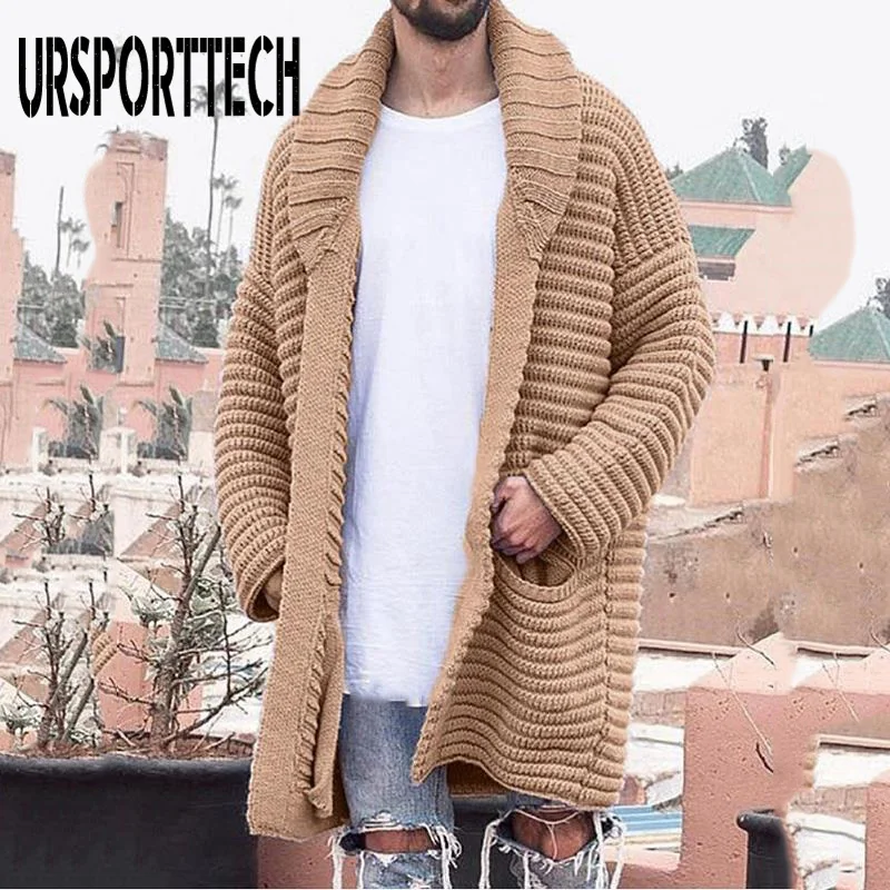 Autumn Winter Men's Cardigan Sweater Coat Knitted Medium Length Long Sleeve Lapel Pocket Solid Thicken Warm Sweater Casual Coats