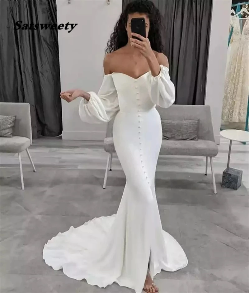 Vestidos de casamento com decote em v mangas compridas sereia trem varredura elastano cetim plissado vestidos de casamento com zíper voltar laço vestido de noiva