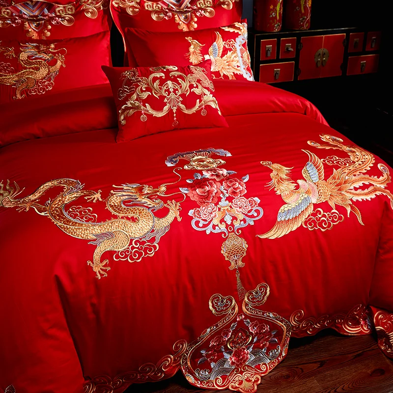 Chinese Wedding Bedding Set, Red Flower, Phoenix Loong Embroidery, Luxury Duvet Cover, Bed Sheet, Pillowcases,100% Cotton,4/6Pcs