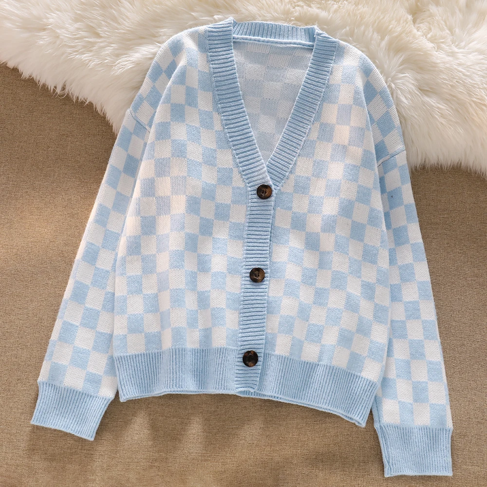 Blue Chessboard Plaid Knitted Cardigan Sweater Women\'s Winter Warm Button Knitted Coat Sweater Jumpers Outerwear Cardigan Top