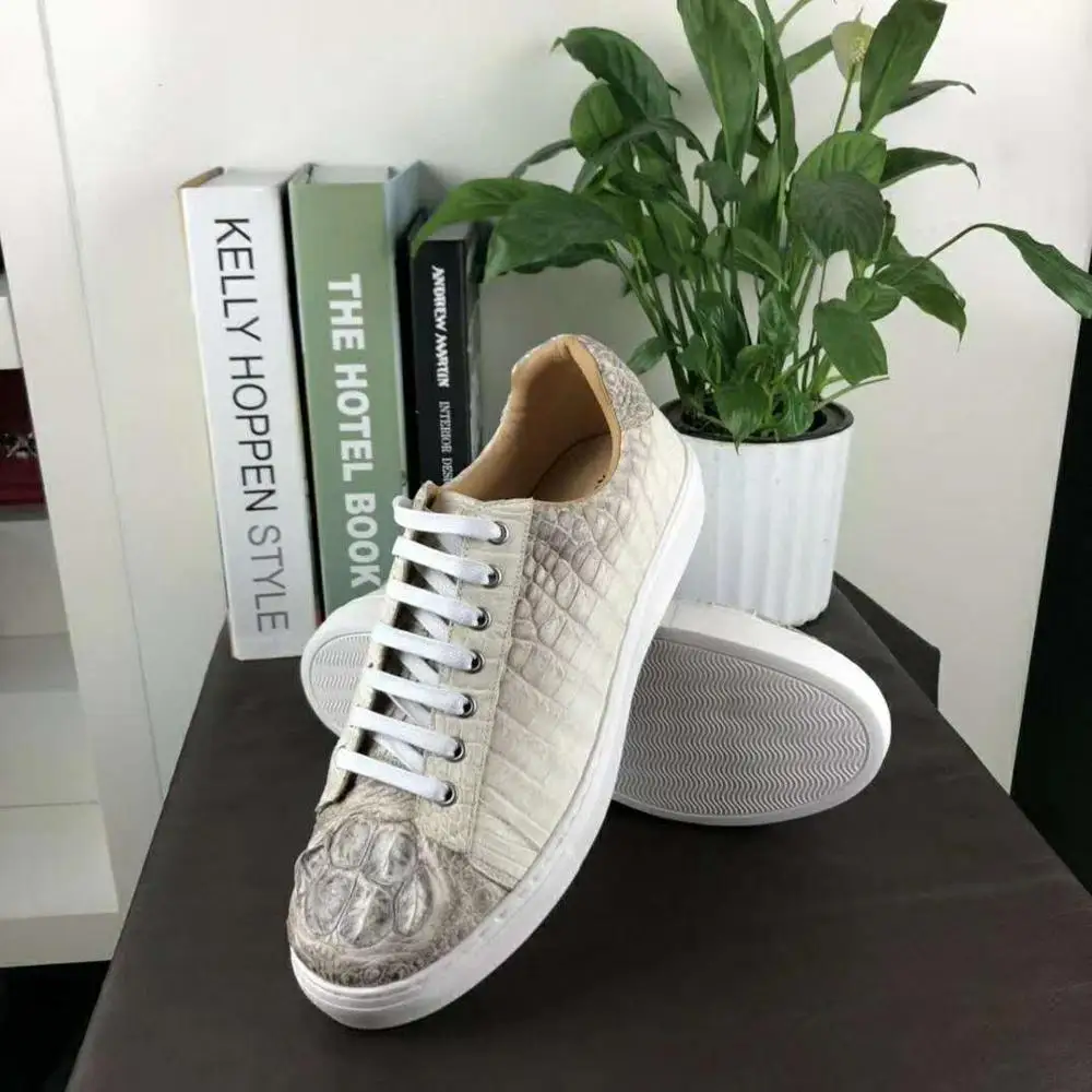 Himalaya white color genuine crocodile skin alligator head leather men shoe sneaker with cow skin lining solid quality shoe base