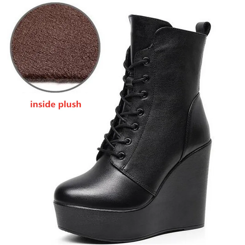 2024 Fashion Genuine Leather Autumn Winter Boots Platform Wedges Super High Heel Boots Black Women\'s Boots Small Plus Size 33-43