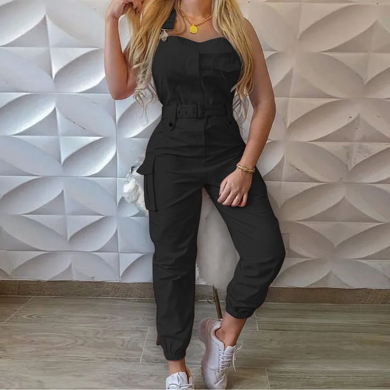 Strap Sleeveless Jumpsuit Women Loose Dungarees Long Rompers Summer Solid Pockets Cargo Pants Female Casual Work Out Playsuits