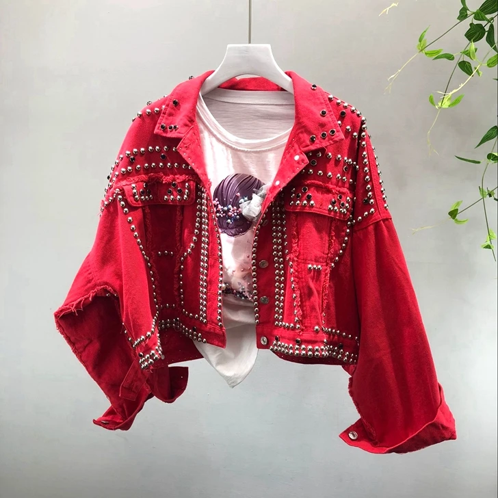 Spring Autumn Women\'s Harajuku Red Denim Jacket Hand Beaded Rivet Short Black Students Basic Jeans Coats Outfit