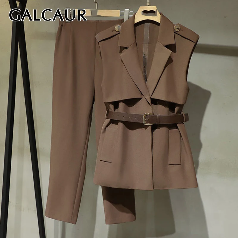 GALCAUR pure color two piece sets for female lapel collar sleeveless top with high waist loose Straight leg pants women's set