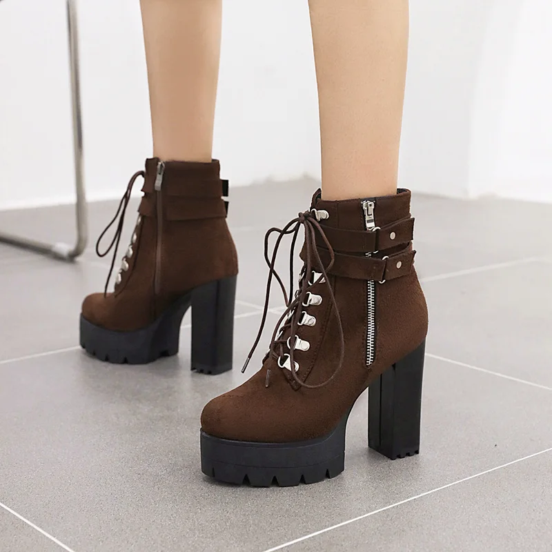 

Oversized Flock Metal Round Hole Ankle Boots Super High Thick Heel Platform Buckle Lace-Up Zipper Street Warm Women's Short Boot