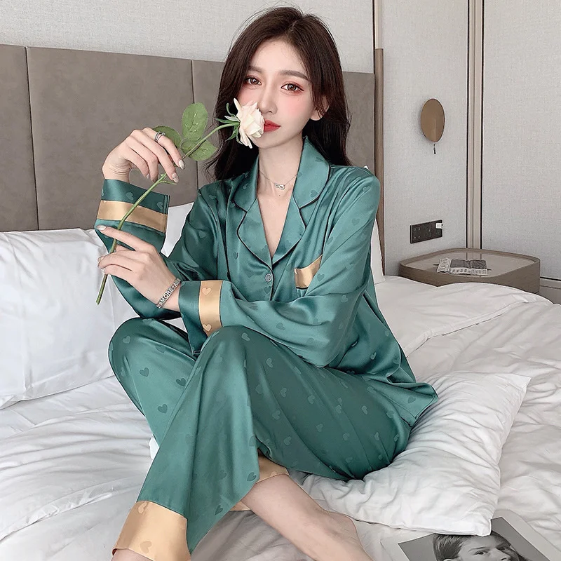 Lisacmvpnel Ice Silk Pajamas Women\'s Spring And Autumn Thin Long Sleeved Trousers Two-piece Suit Sleepwear