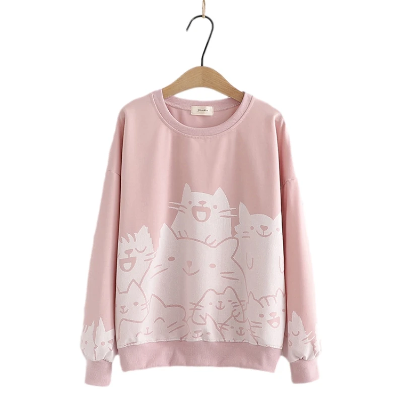 Harajuku Fashion Kawaii Cat Pink Hoodies Women Crewneck Anime Print Sweatshirt Girls Pullover Female Cute Long Sleeve White Tops