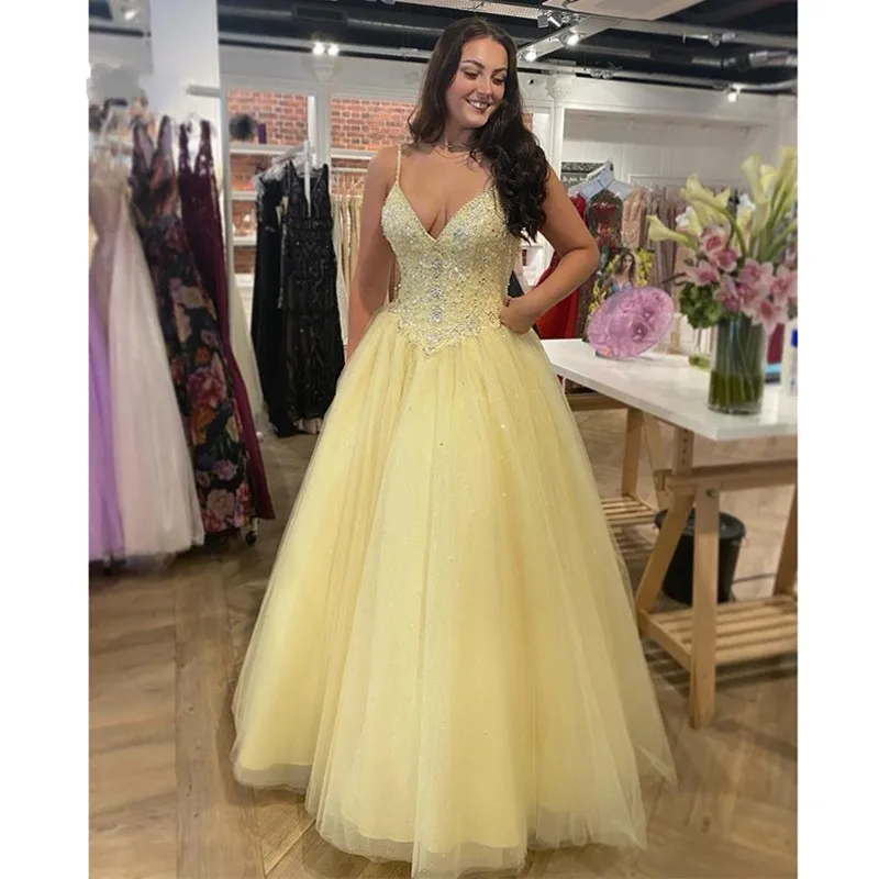 

ANGELSBRIDEP 2 STORE Ball Gown Yellow Sweetheart Evening Party Dresses Vestidos Festa Sexy Spaghetti Straps Beading Quinceanera