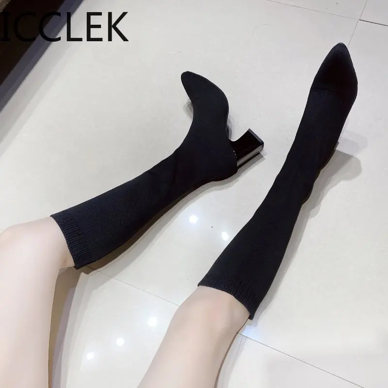 2020 Size 41 Winter Black Over The Knee Woman Boots Women Stretch Fabric Thigh High Heels Sexy Woman Shoes Long Bota Feminina