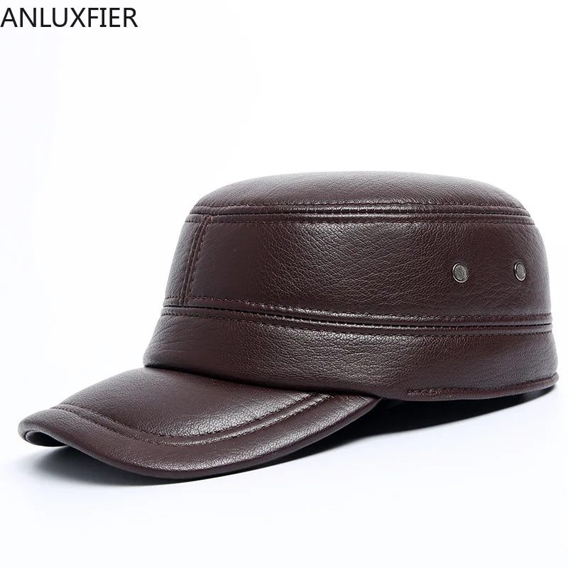 Genuine Leather Hat Men's Autumn Winter Warm Earmuffs Cap Middle Age Male Sheepskin Flat Top Casual Outdoor Fashion Caps H6998