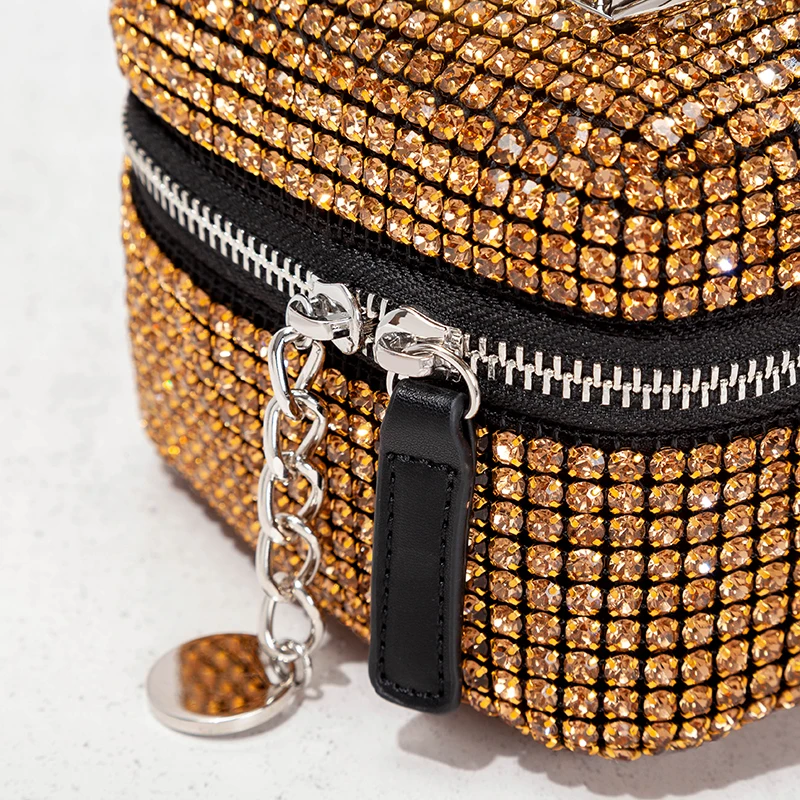 Mini Gold Rhinestone Box Handbag 2021 New Luxury Fashion Cute Chain Lipstick Shiny Diamonds Shoulder Crossbody Bag High Quality