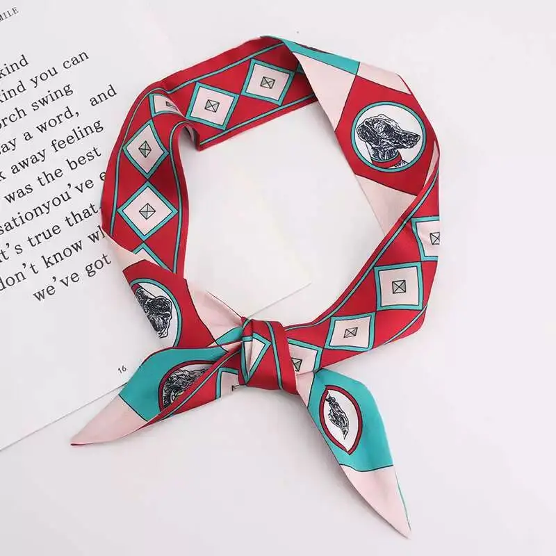 2022Summer Fashion New Animal Dog Pattern Ladies Decoration Twill Long Strip Silk Scarf Narrow Belt Streamer Tie Bag Small Scarf