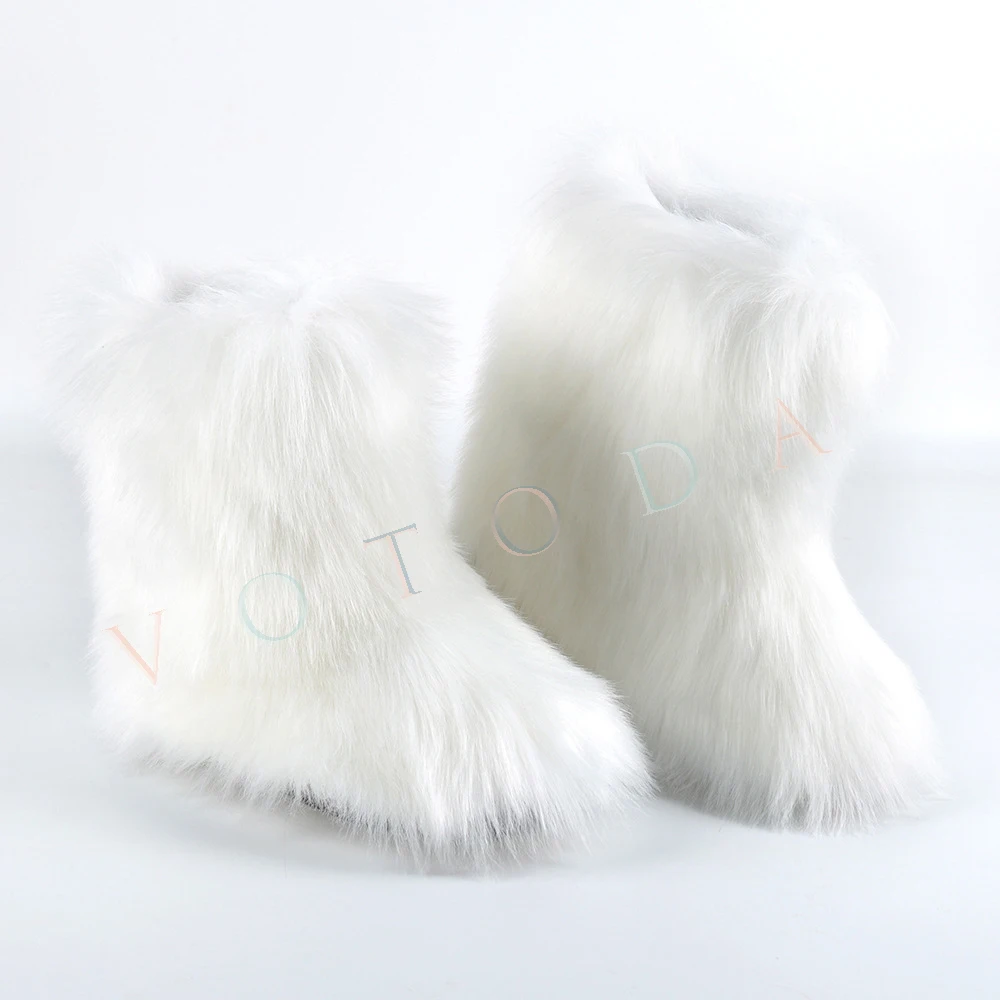 Hot Women Warm Fur Boots Woman Winter Plush Faux Fur Snow Boots Ladies Furry Outdoor Slip On Shoes Female Cozy Fuzzy Cotton Boot