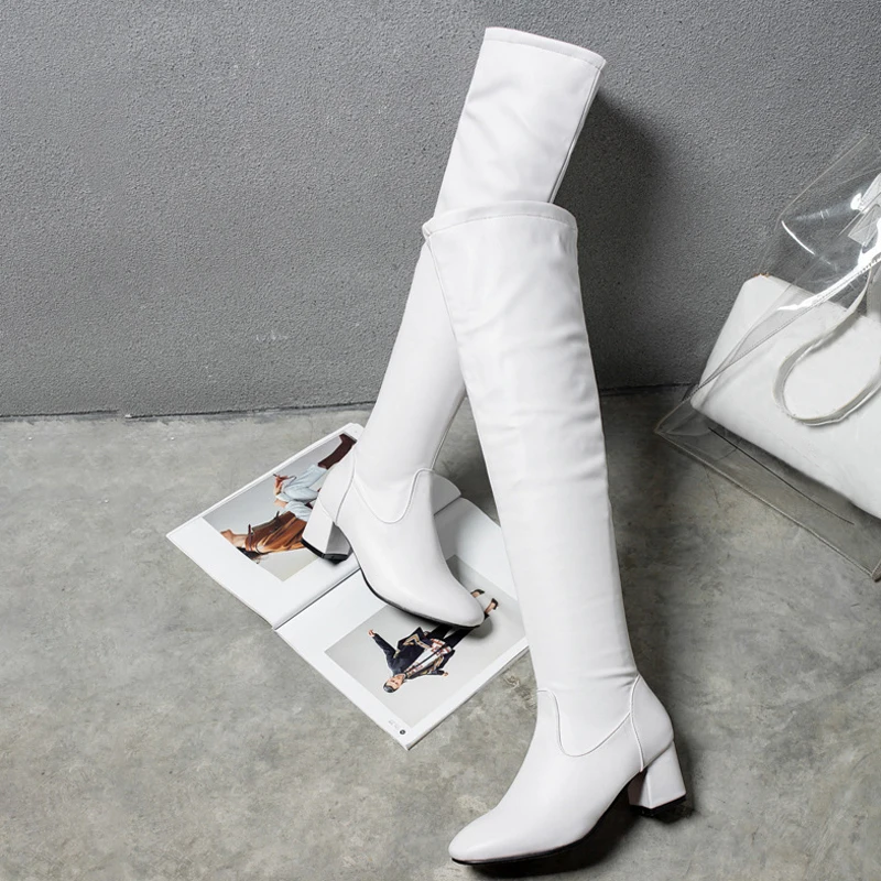 Classic Thigh High Boots Women Autumn Winter Square Middle Heel Over The Knee Boots Balck White Shoes Woman Plus Size 45 WSH3699