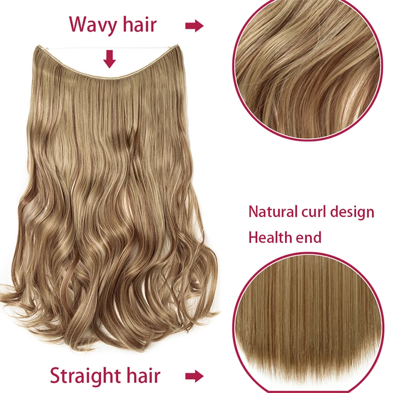 BENEHAIR-Extensão De Cabelo Invisível Sintético Para Mulheres, Cabelo Encaracolado, Sem Clipes, Linha De Peixe Secreta, Cabelo Encaracolado Falso