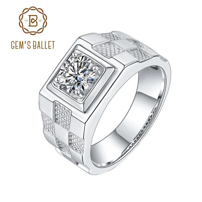 GEM'S BALLET 1.0Ct 6.5mm D Color Moissanite Ring For Men 925 Sterling Silver Moissanite Diamond Men's College Graduation Ring