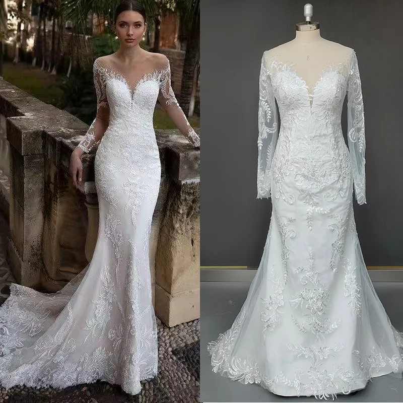 

11527#100% Real Photos Mermaid Illusion V-Neck Lace Applique Long Sleeve Sweep Train Wedding Dress Wedding Gown Bridal Gown