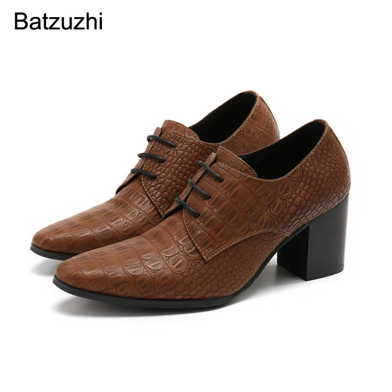 

Batzuzhi 7.5cm High Heels Shoes Men Pointed Toe Brown Genuine Leather Dress Shoes Men Lace-up Fashion Party Shoes Zapatos Hombre