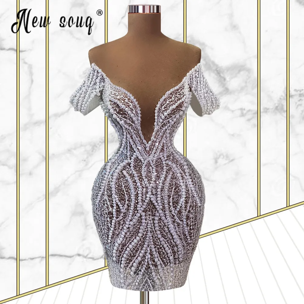 Diepe V-hals Parels Backless Cocktail Jurken Sexy Vrouwen Off Shoulder Mini Prom Party Dress Chic Witte Korte Avondjurken